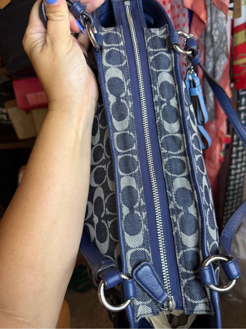 Coach Park Carrie Navy Denim Signature Canvas Tote with Blue Leather Trim